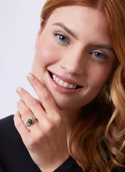 Sterling Silver & Connemara Marble Trinity Knot Ring with Marcasite